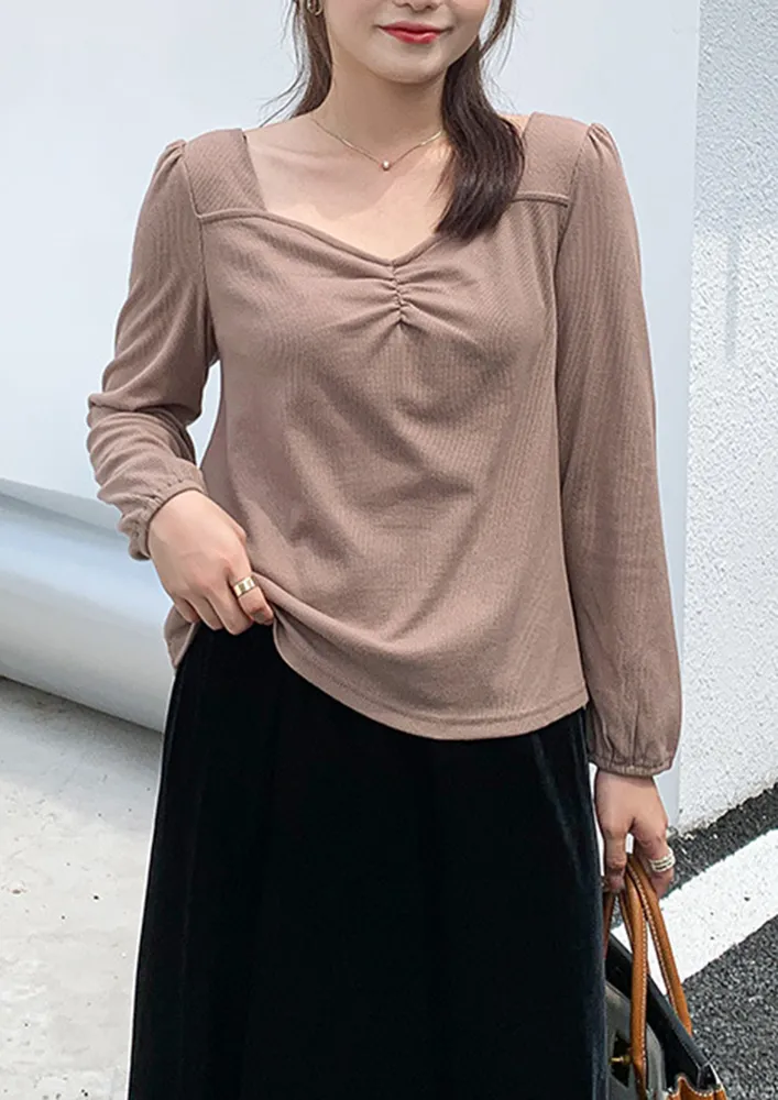 RETRO BROWN RIBBED SIMPLE BLOUSE