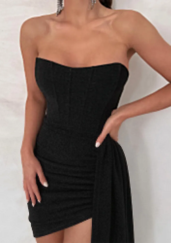 BLACK GLITTERY STRAPLESS BANDEAU DRESS