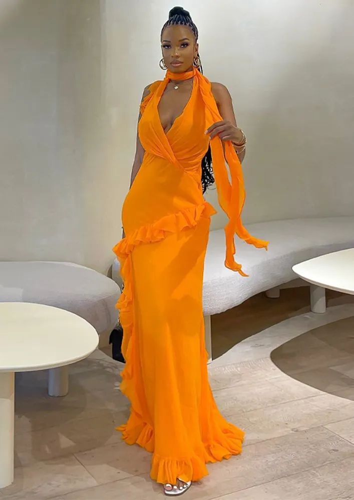 FLORAL SLIT PLUNGING ORANGE MAXI DRESS