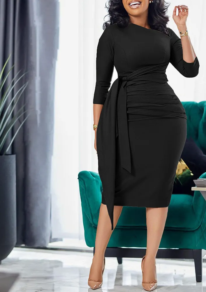 BLACK HANGING WRAP-STRAP PENCIL DRESS