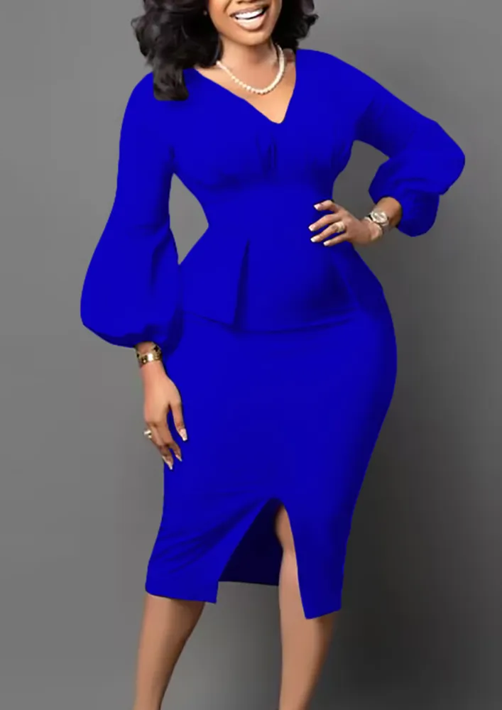 BLUE FLAP-DETAIL FORMAL PENCIL DRESS