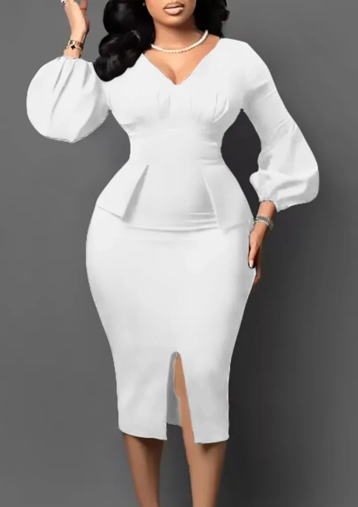 WHITE FLAP-DETAIL FORMAL PENCIL DRESS