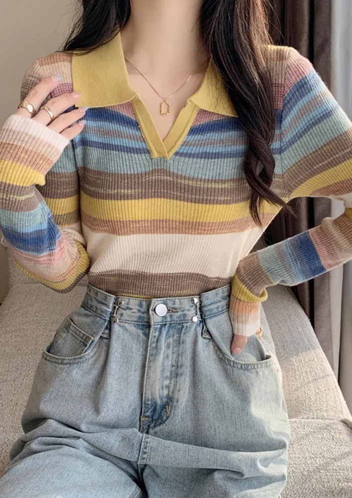 YELLOW MULTI-STRIPE COLLARED KNIT TEE