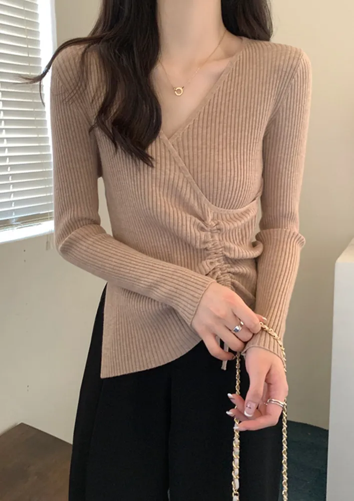 KNIT-RIB BROWN DRAWSTRING SURPLICE NECK TOP