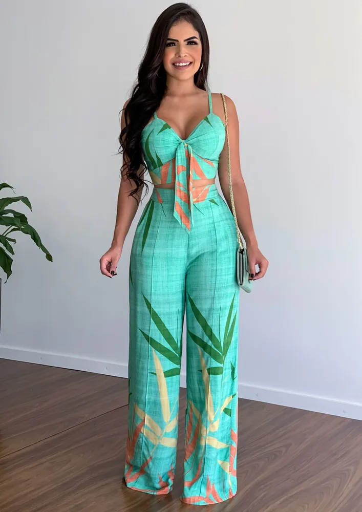 SUMMERY PRINTED GREEN TOP & TROUSER SET