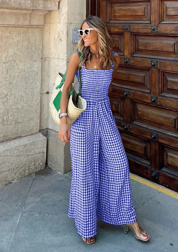 CUTE SUMMER CHECKERED BLUE-WHITE JUMPSUIT