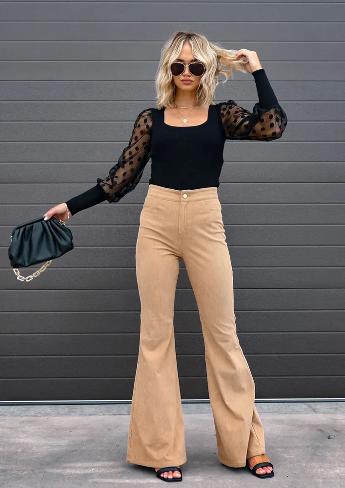 SOLID BEIGE HIGH-RISE FLARED TROUSER