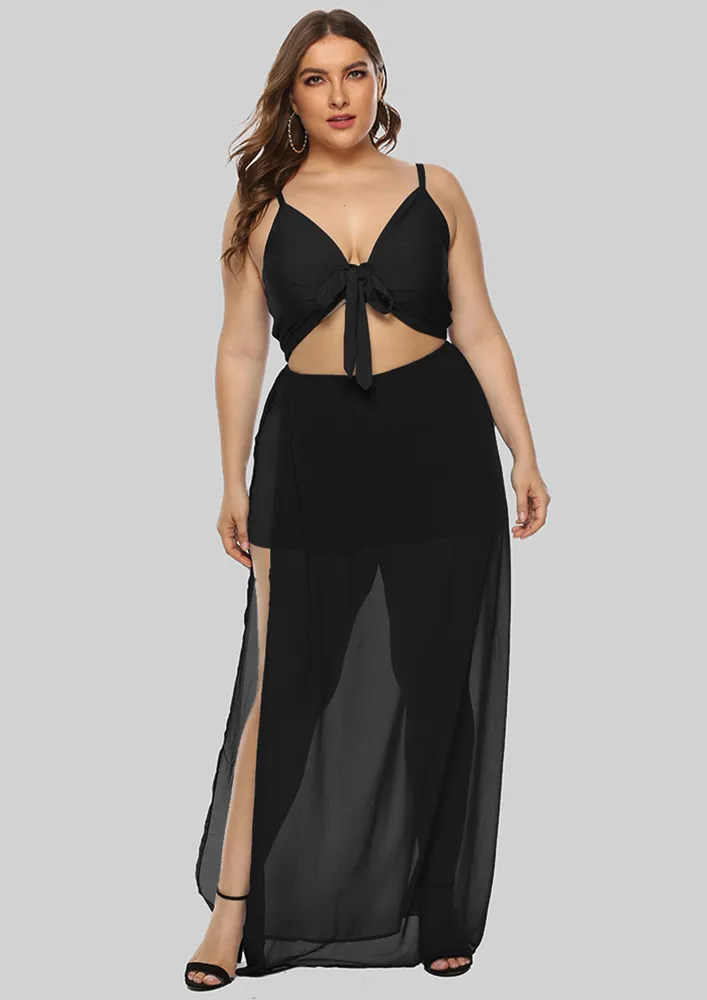 BLACK SLIT CHIFFON PLUS SIZE MAXI DRESS