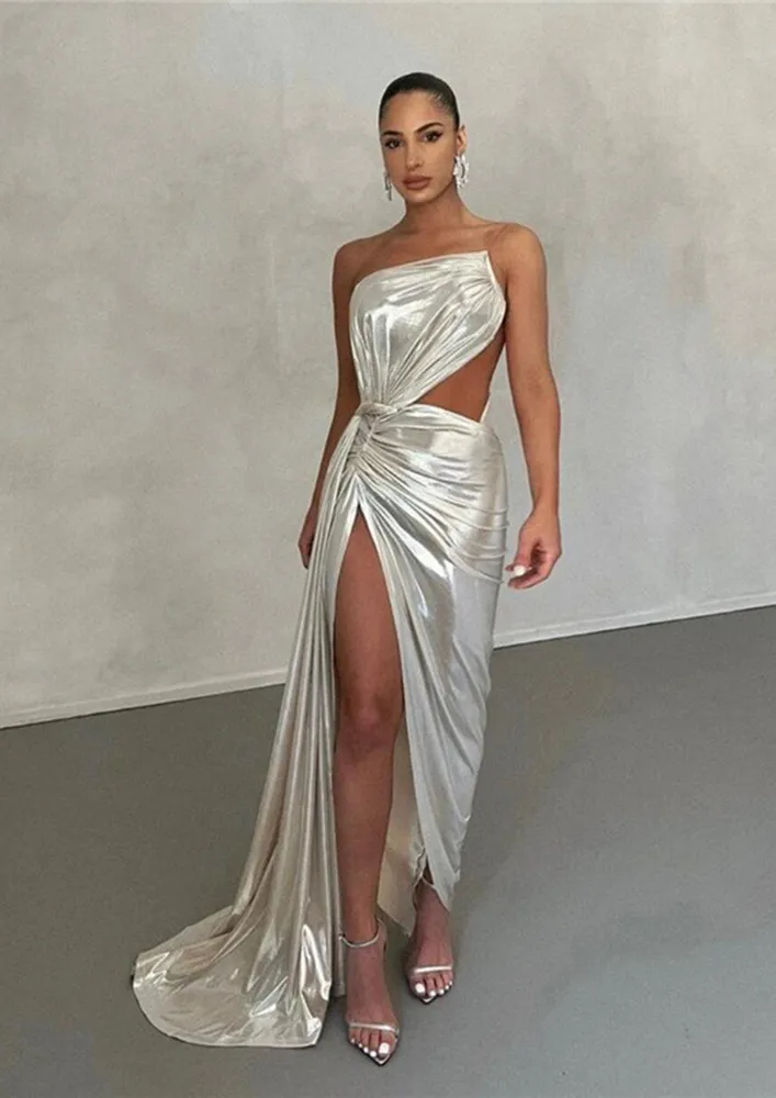 CUT-OUT SILVERY DRAPE ASYMMETRICAL DRESS