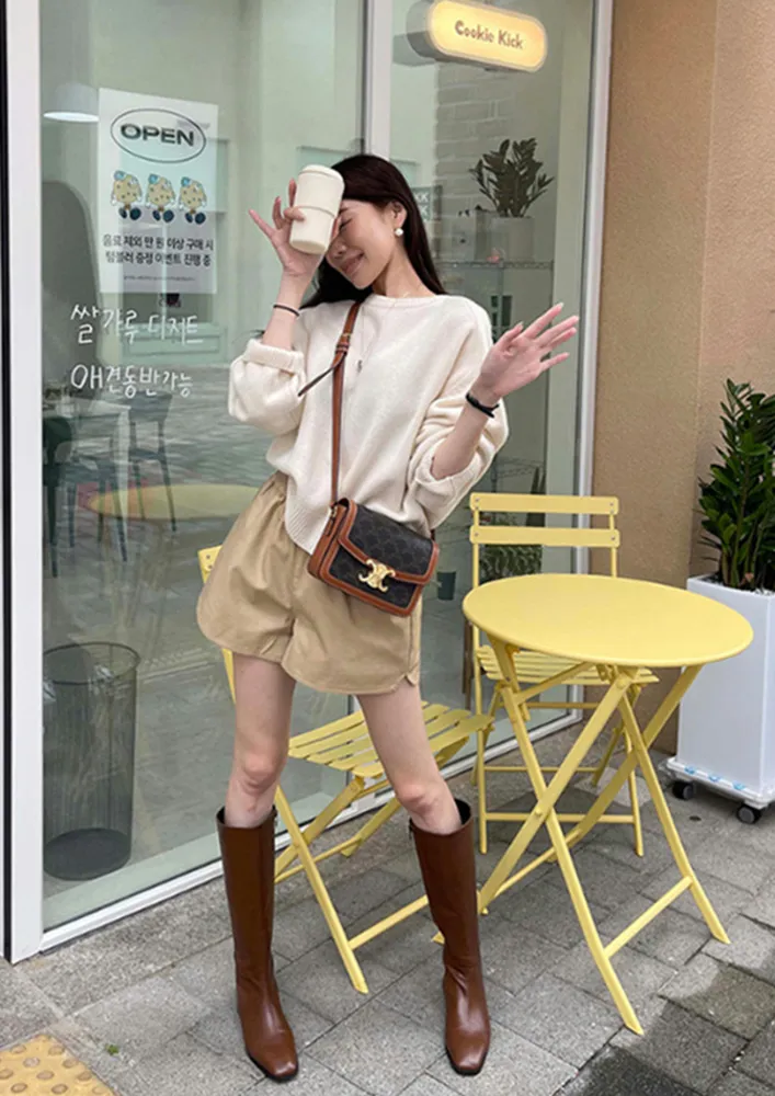 BROWN HIGH-RISE PU WIDE LEG CASUAL SHORTS