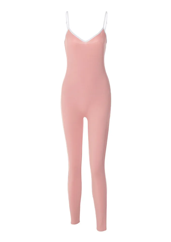 IN DEEP SPAGHETTI STRAP RIBBED PINK UNITARD