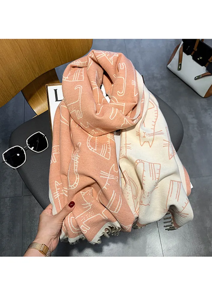 CUTE KITTY-PRINT TASSEL IN PINK WOVEN SCARF