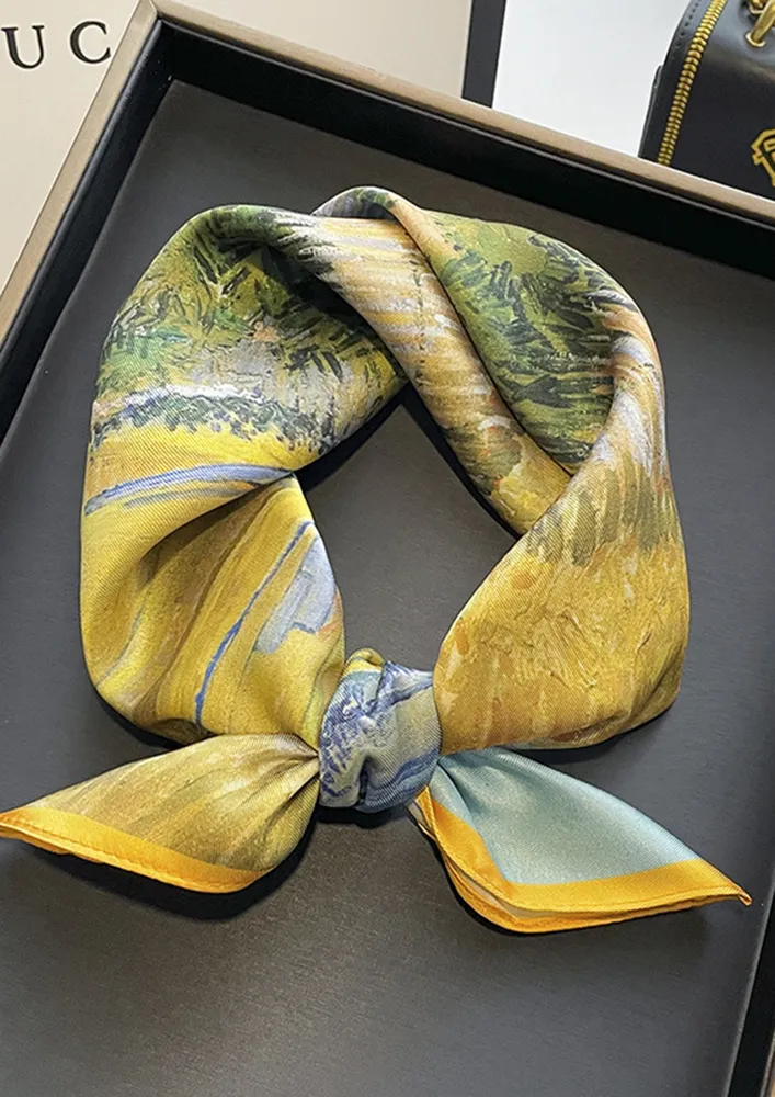 SCENIC-PRINT YELLOW POLYESTER SCARF