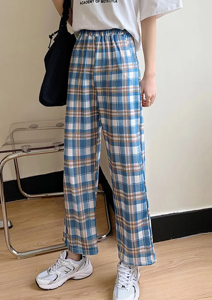 PLAID PRINT BLUE FLARED TROUSER