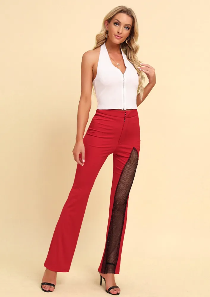 RED HIGH-RISE MESH-NET-DETAIL TROUSER