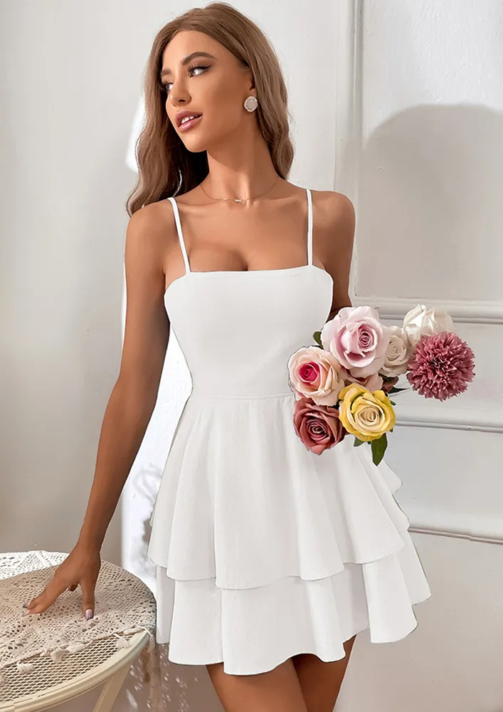 WHITE LAYERED FRILL HEM SKATER DRESS