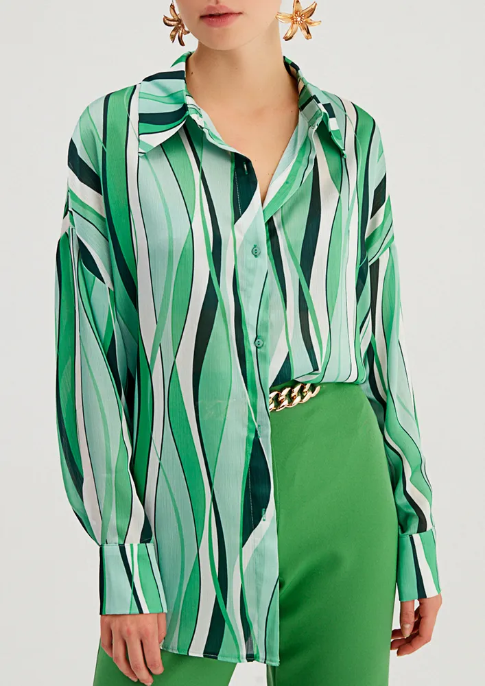 GREEN-WHITE STRIPED BUTTON DOWN SHIRT