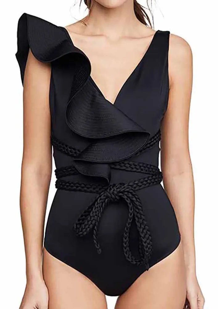 RUFFLED BLACK BRAIDED-BELT SWIMSUIT