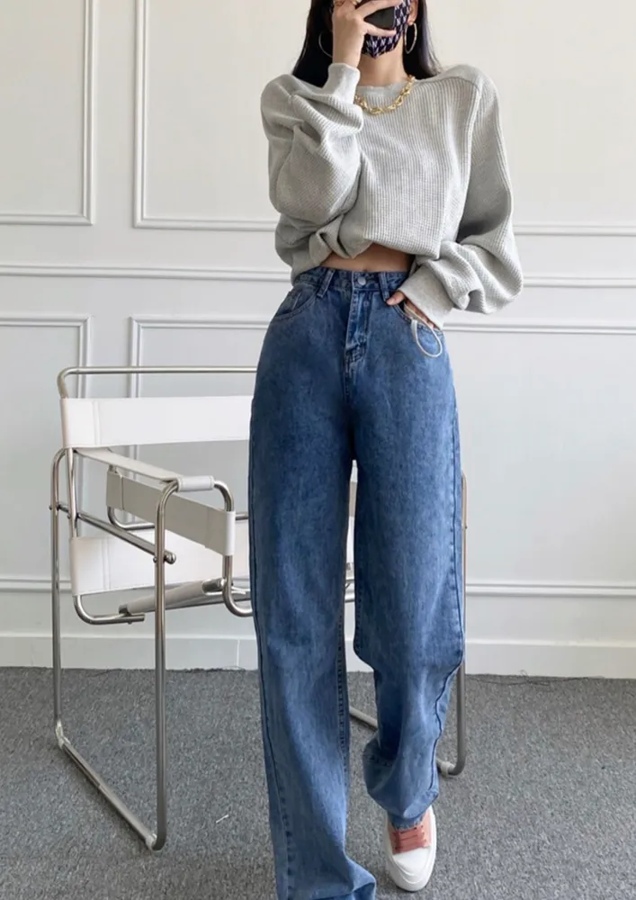 BLUE HIGH-WAIST STRAIGHT CASUAL JEANS