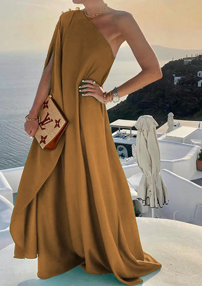 BROWN CAPE-DETAIL ASYMMETRICAL DRESS