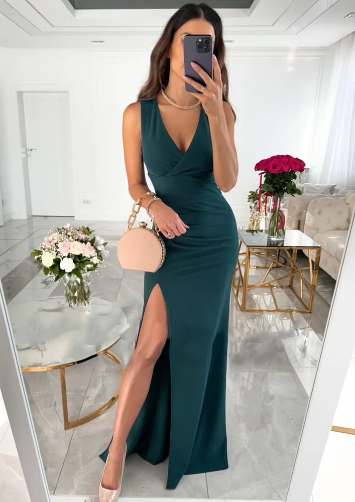 GREEN SURPLICE-NECK THIGH-SLIT MAXI DRESS