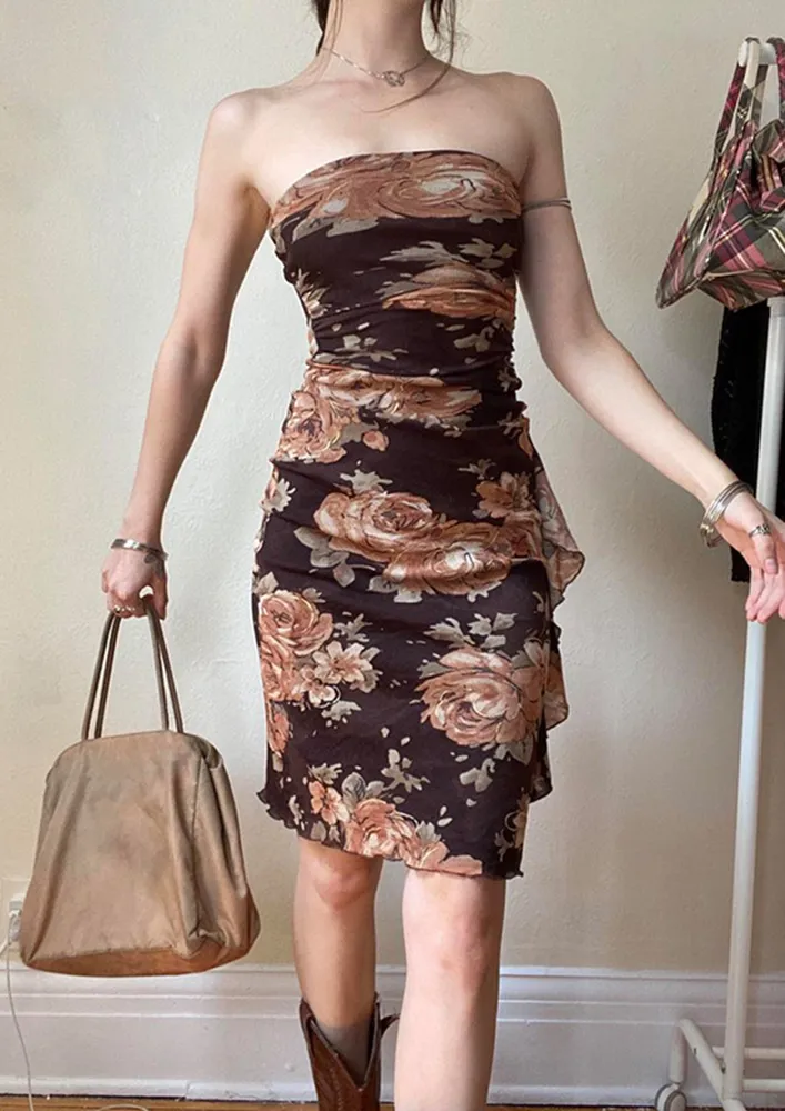 Y2K BROWN PRINTED TULLE BANDEAU DRESS