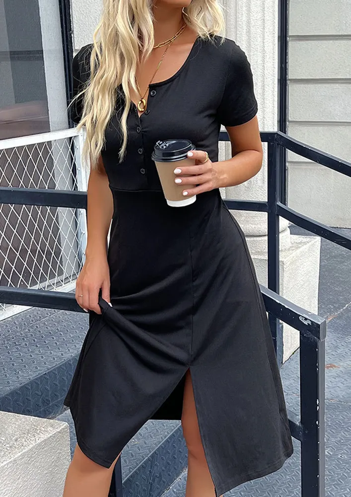 BLACK MID-SLIT BUTTONED MIDI DRESS