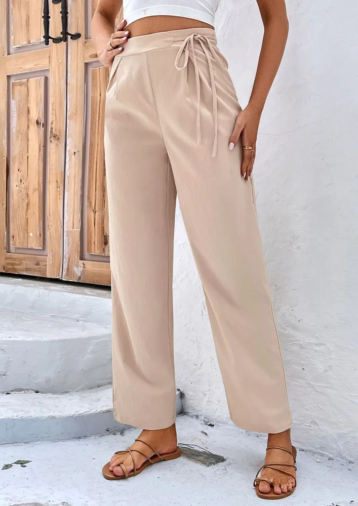 SIDE-TIE DETAIL BEIGE STRAIGHT TROUSER