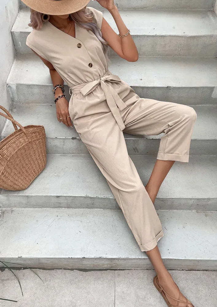 V-NECK BELTED BUTTONED ANKLE LENGTH JUMPSUIT