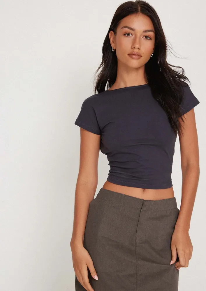 Backless Short Sleeve Dark Grey T-shirt