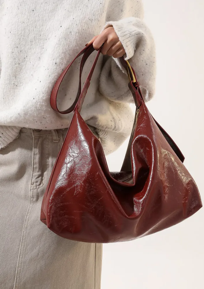 RED TEXTURED RECTANGULAR HOBO BAG