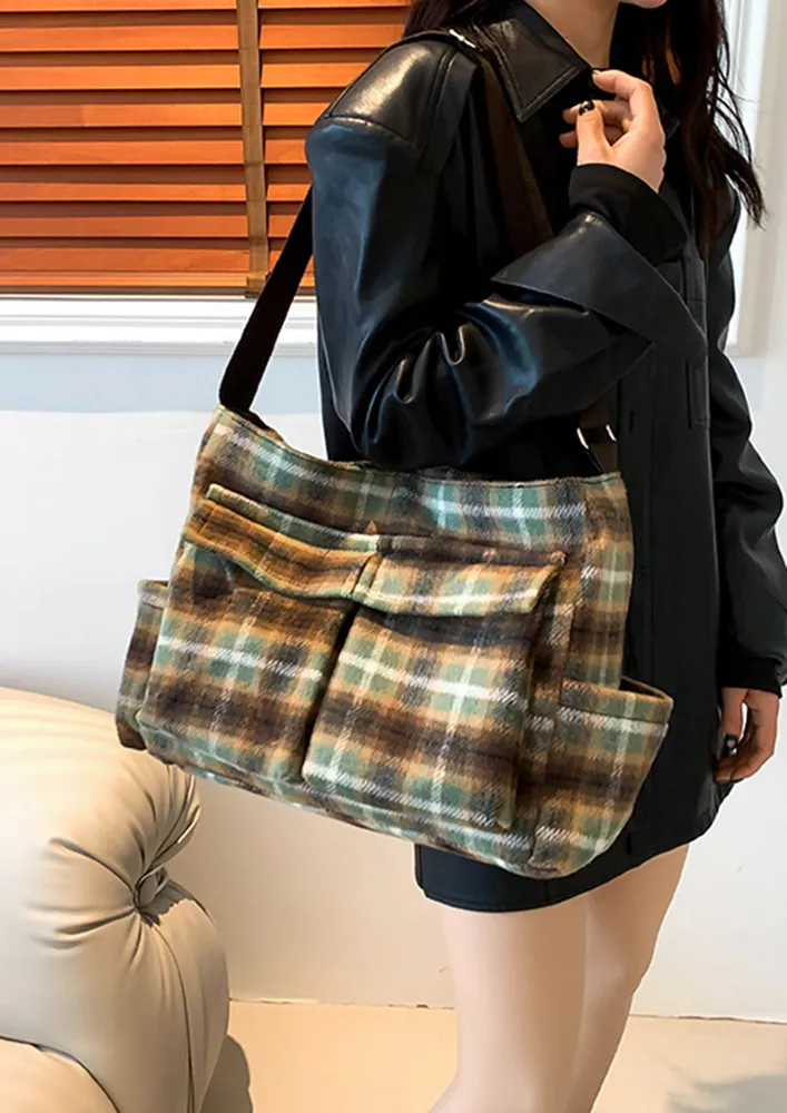 GREEN PLAID PATTERN WOOLEN TOTE BAG