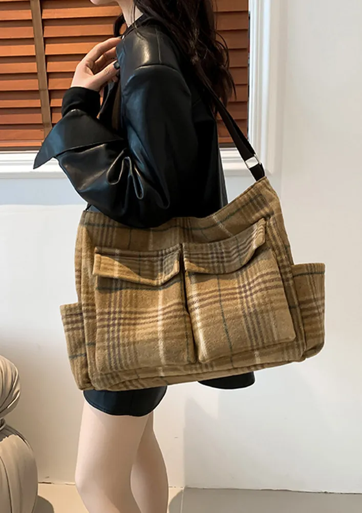 KHAKI PLAID PATTERN WOOLEN TOTE BAG