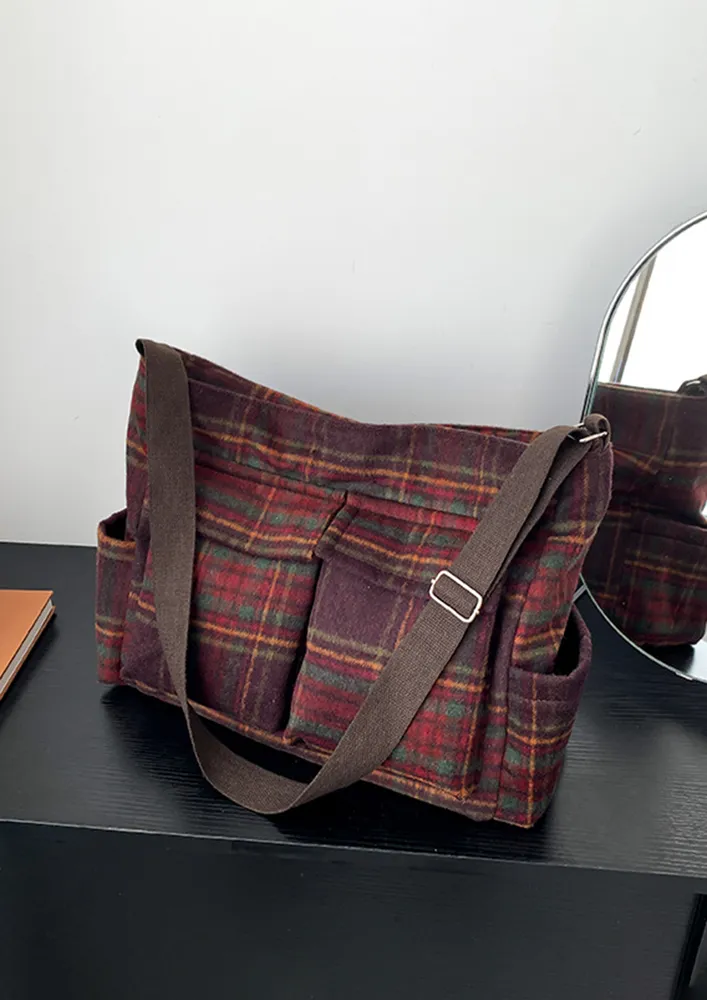 RED PLAID PATTERN WOOLEN TOTE BAG