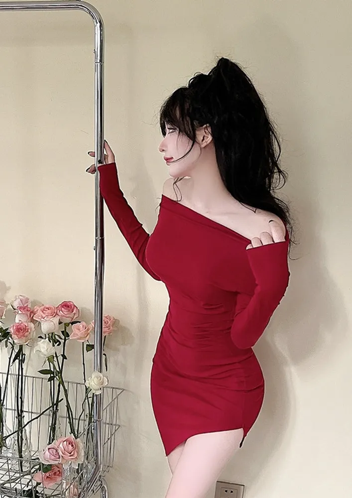 Red Asymmetric-hem Off-shoulder Dress