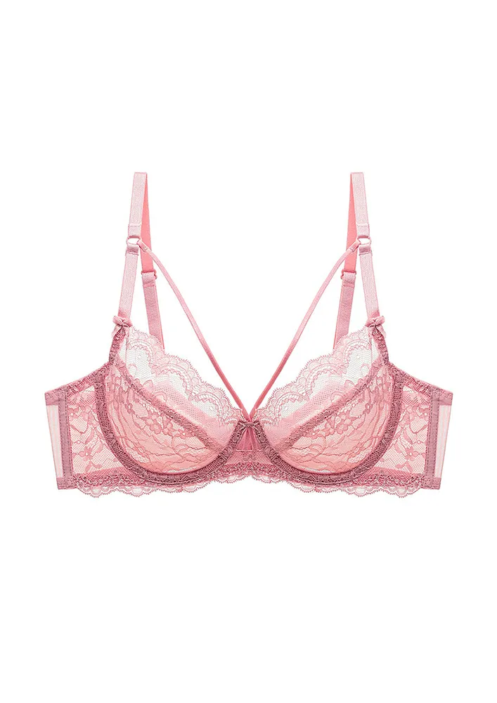 PINK FANCY-STRAP SHEER LACE BRA