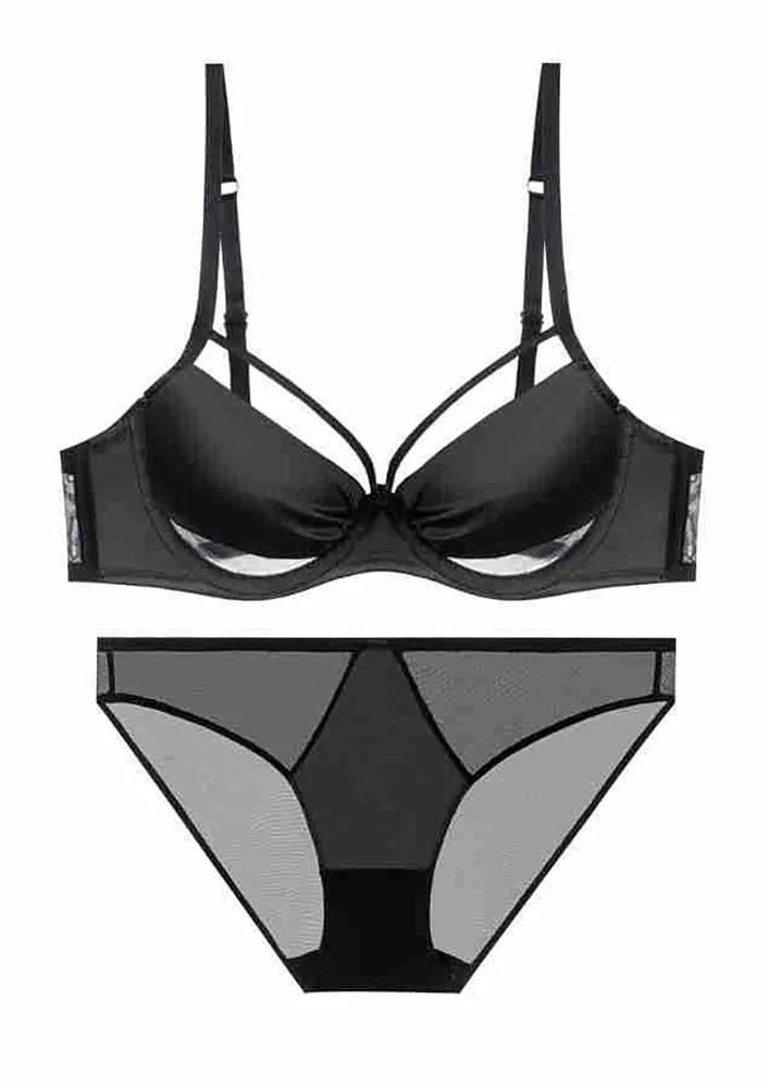 Black Two-tone Fancy Strap Lingerie Set