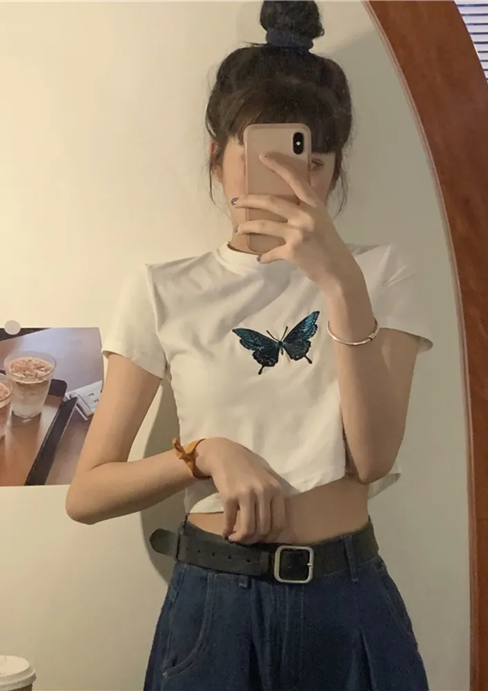 White Novelty Print Short Top