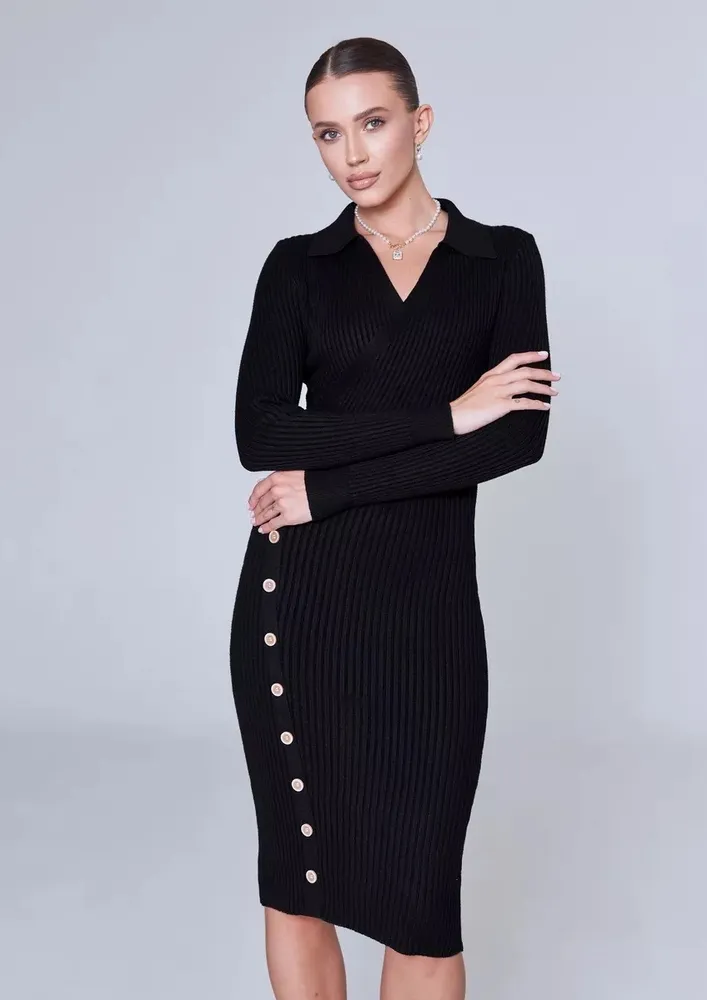 Black Mid-length Knitted Bodycon Dress