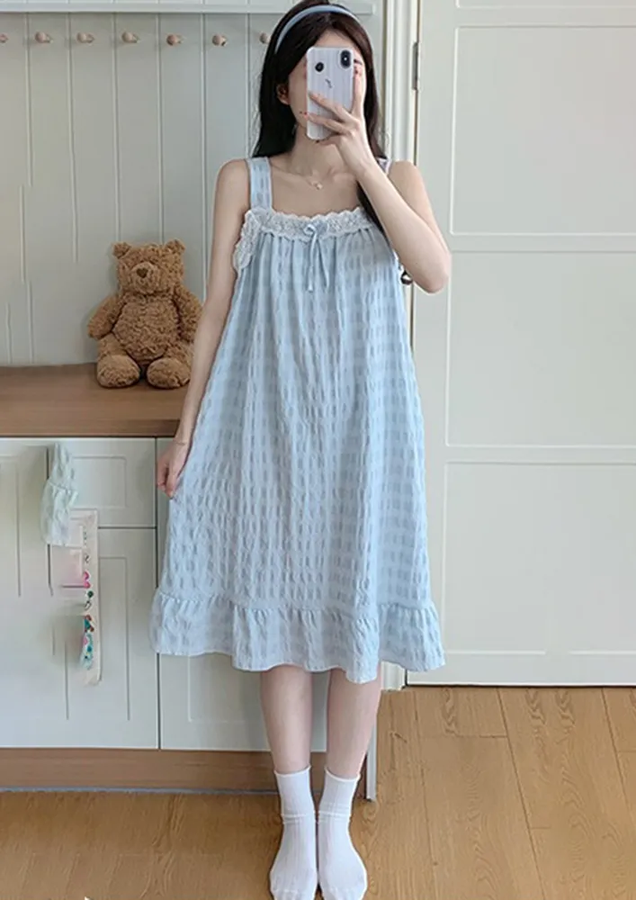 Blue Lace Trim Square Neck Nightdress