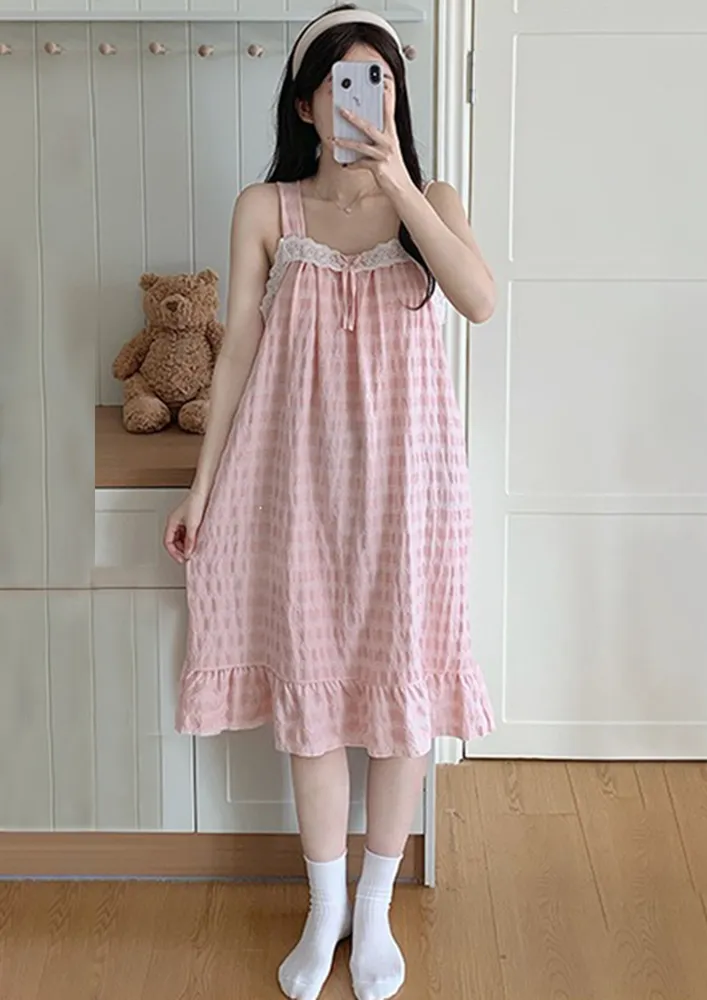 Pink Lace Trim Square Neck Nightdress