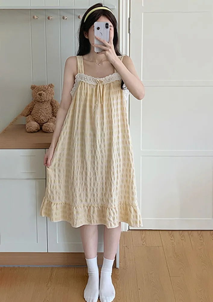 Yellow Lace Trim Square Neck Nightdress