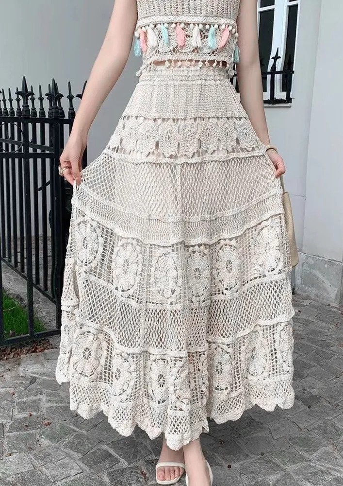 Free Size White A-line Crochet Maxi Skirt