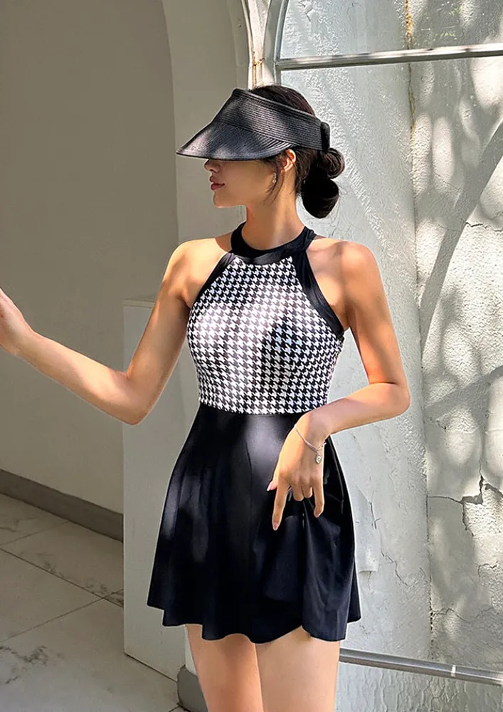 Black Houndstooth Pattern Swim Dress