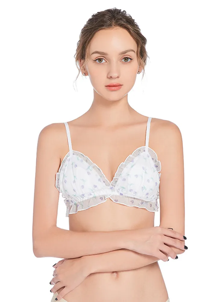 Purple Ditsy Print Frill-trimmed Bra