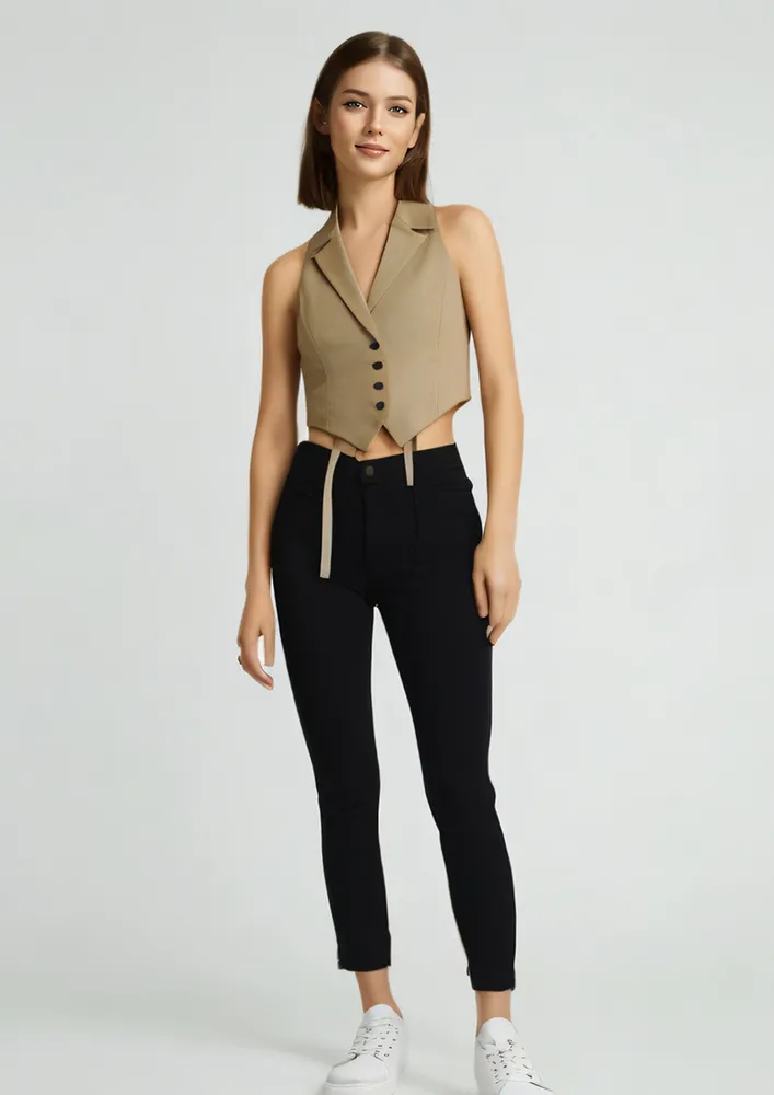 Khaki Hollow-back Notched Collar Waistcoat