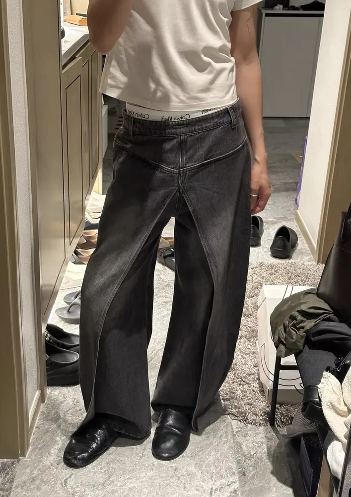 Grey Washed-effect Double-layered Jeans