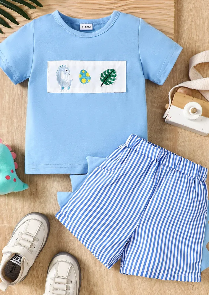 Girls Applique Blue T-shirt W/ Striped Shorts
