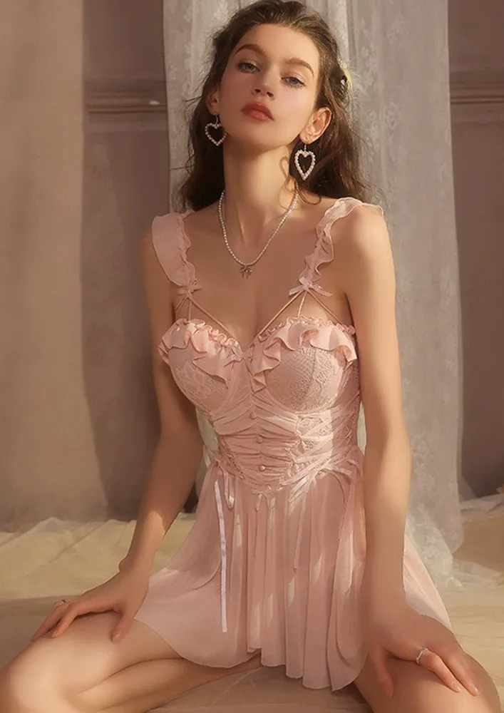 Pink Hollow-back Nightdress With Tanga Thong