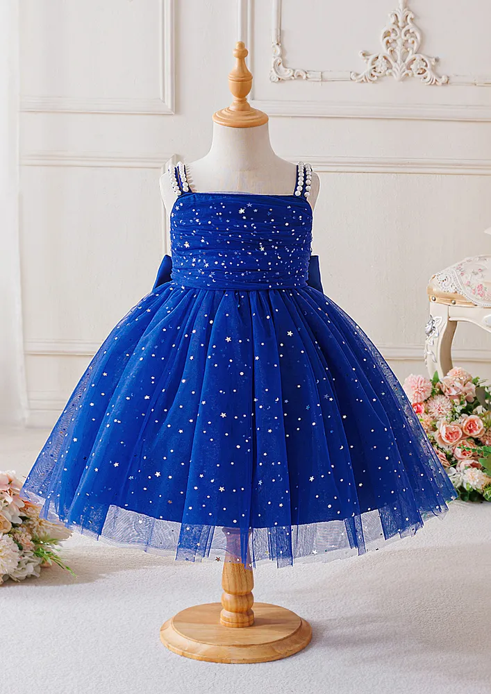 Blue Girls Embellished Strappy Tulle Dress